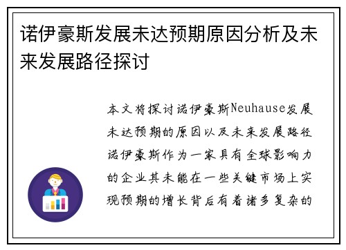 诺伊豪斯发展未达预期原因分析及未来发展路径探讨 诺伊豪斯发展未达预期原因分析及未来发展路径探讨